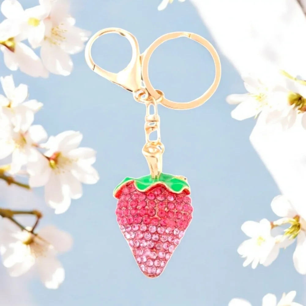 Pink Rhinestone Strawberry Purse Charm Or Key Holder with Gold Hardware